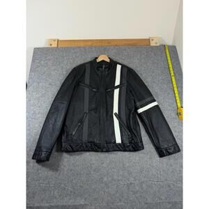 Vintage Black Rivet Leather Jacket Mens L Racing Stripes Motorcycle Biker Driver